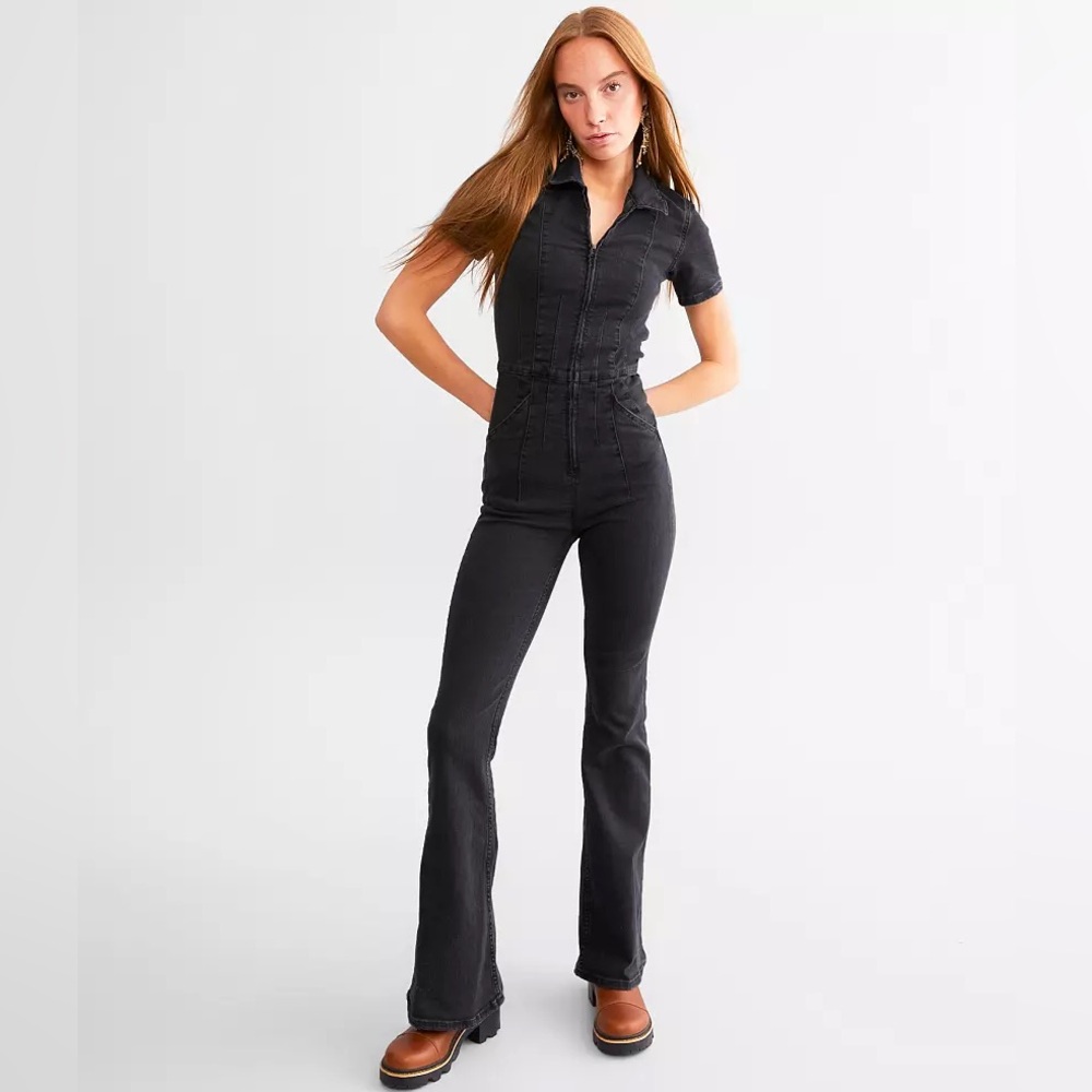 Free People Black Short Sleeve Jumpsuit